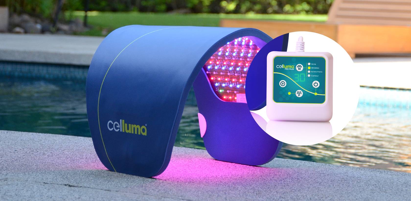 Image of a flexible, shapeable Celluma LED PRO PLUS panel next to a swimming pool with an inset image of the battery-powered controller.
