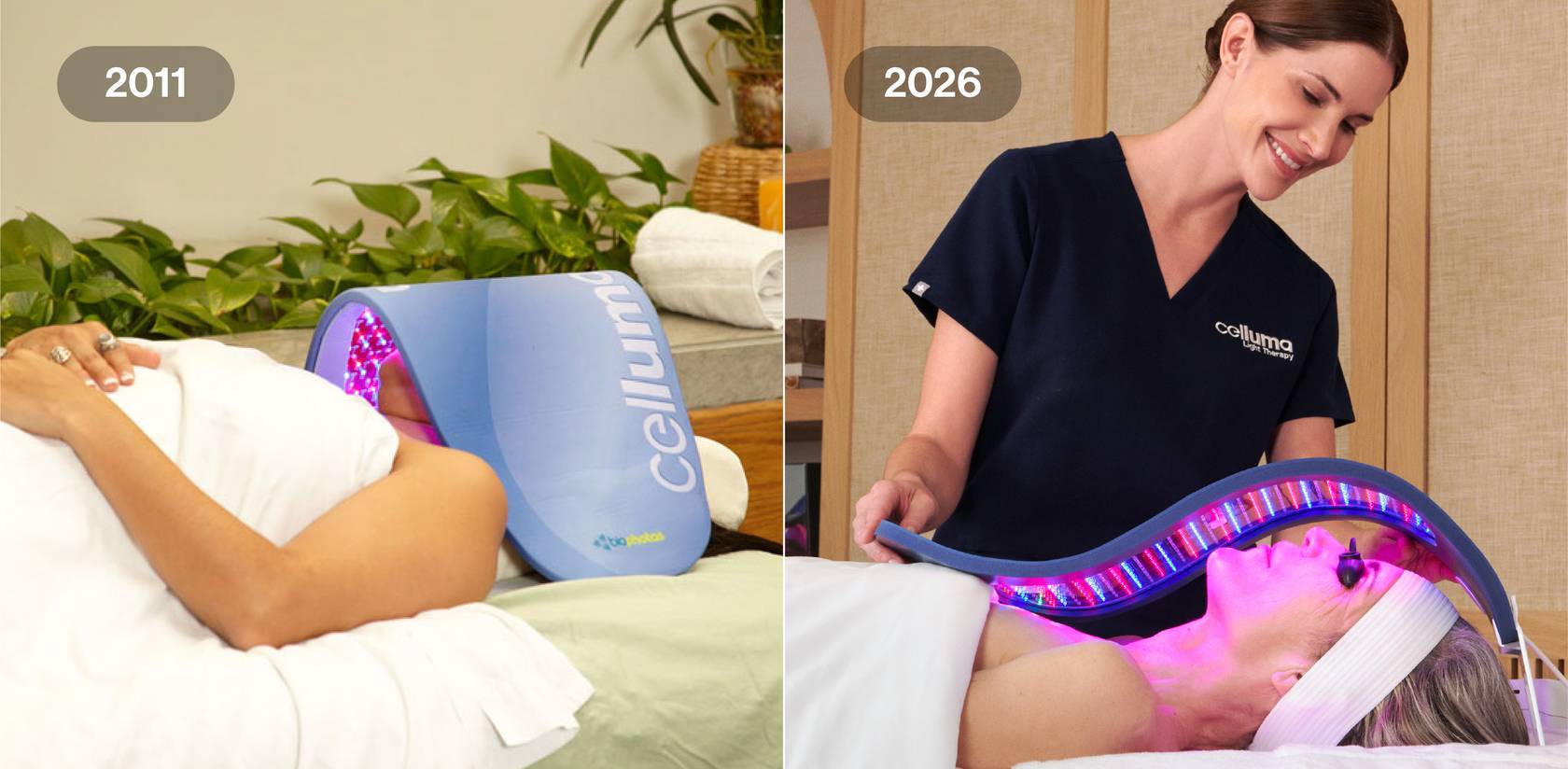 Before image (left) showing the original 2011 version of the flagship Celluma PRO, compared to right image showing the latest 2026 Series 2 Celluma PRO being applied to a patient having a facial treatment by a licensed skincare professional.