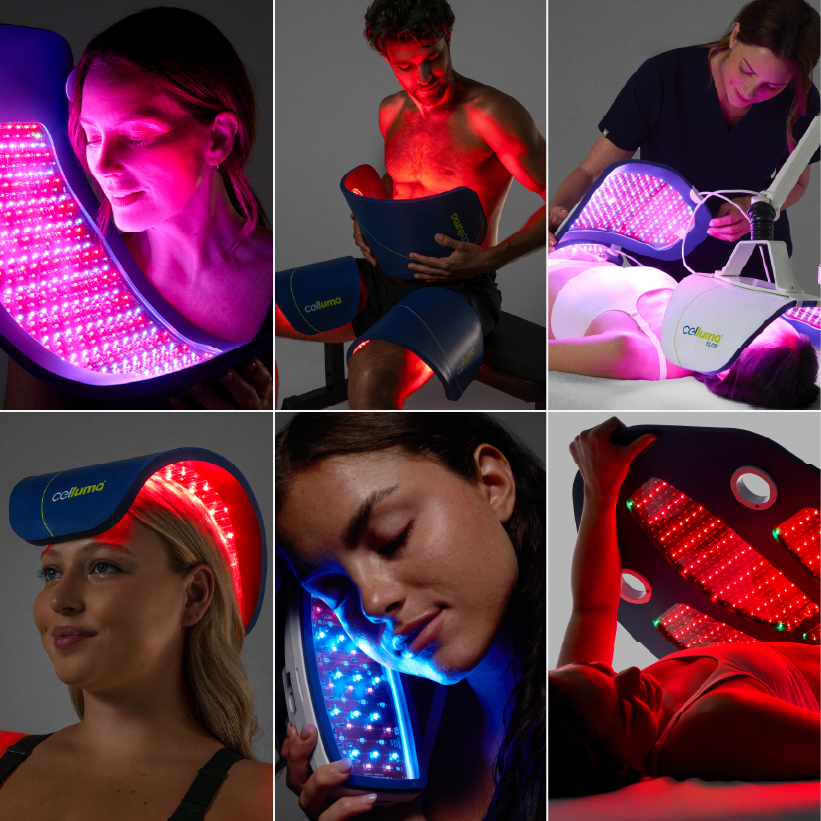 Image showing 6 different Celluma light therapy devices using different LED modes for acne, wrinkles, pain relief, hair growth and body contouring.