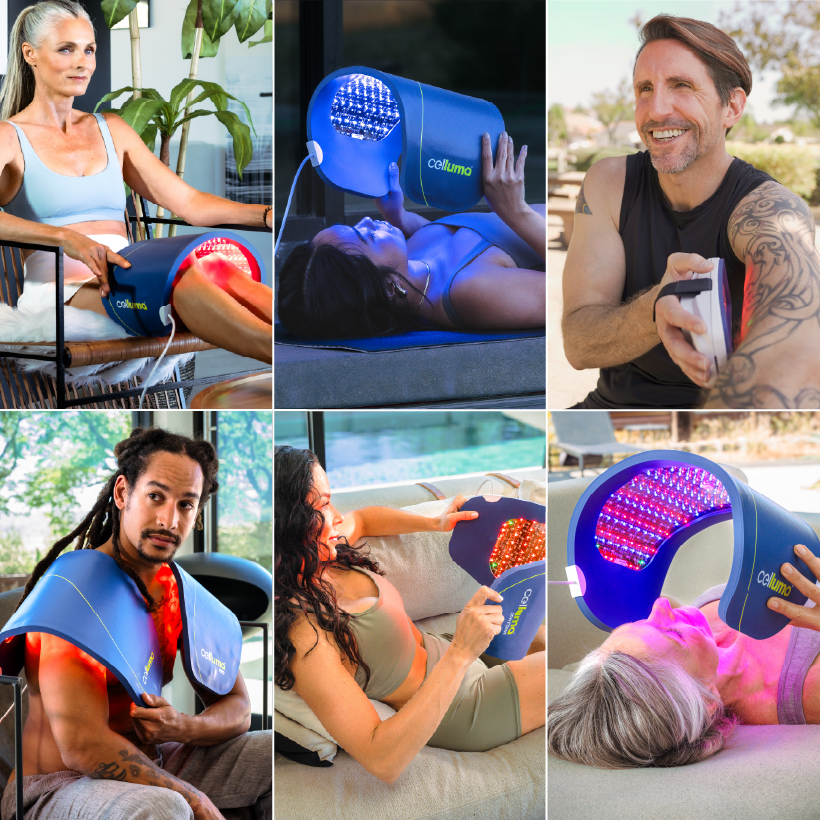 Image showing 6 different Celluma light therapy devices using different LED modes for acne, wrinkles, pain relief, hair growth and body contouring.
