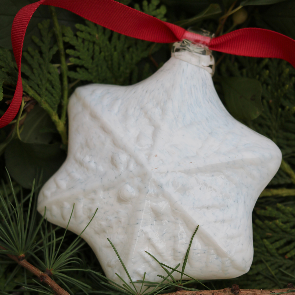 White Snowflake with a red ribbon on a bed of greenery. 