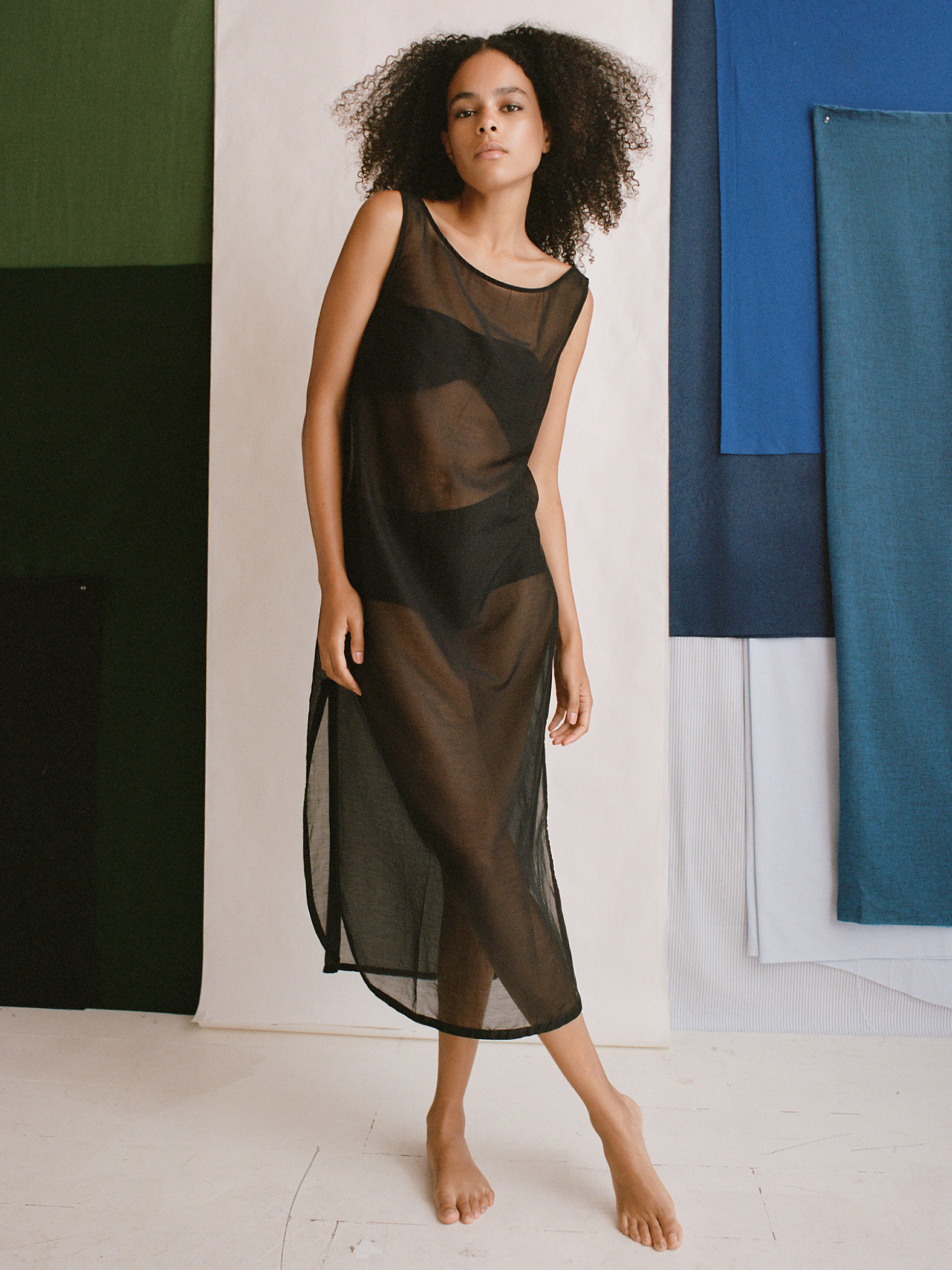 The Muse Dress (Shadow Black Sheer Silk Cotton)