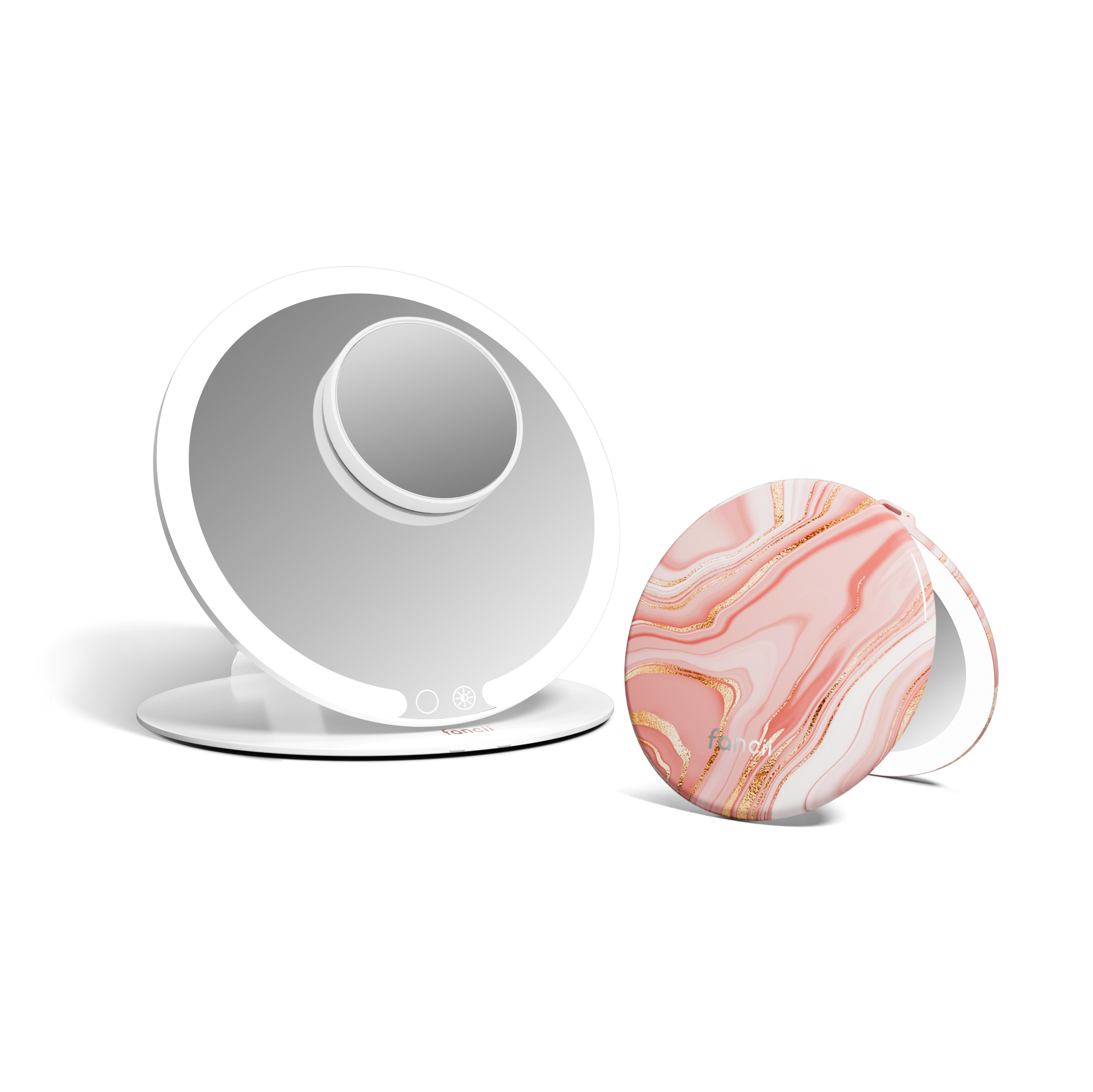 Abigail Travel Mirror in White with 10x Magnifier and Taylor Lighted Compact in Marble Rose