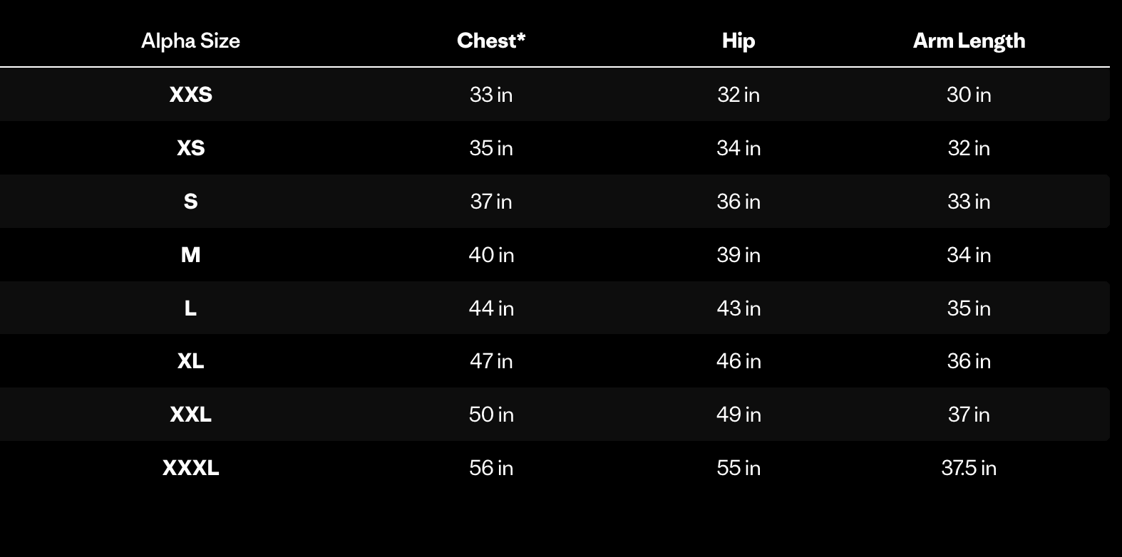 Size chart