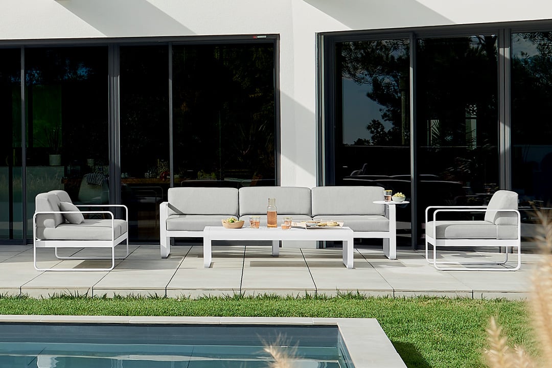 Fermob Bellevie Arm Chair - Flannel Grey - Acapulco Blue - Floor Stock