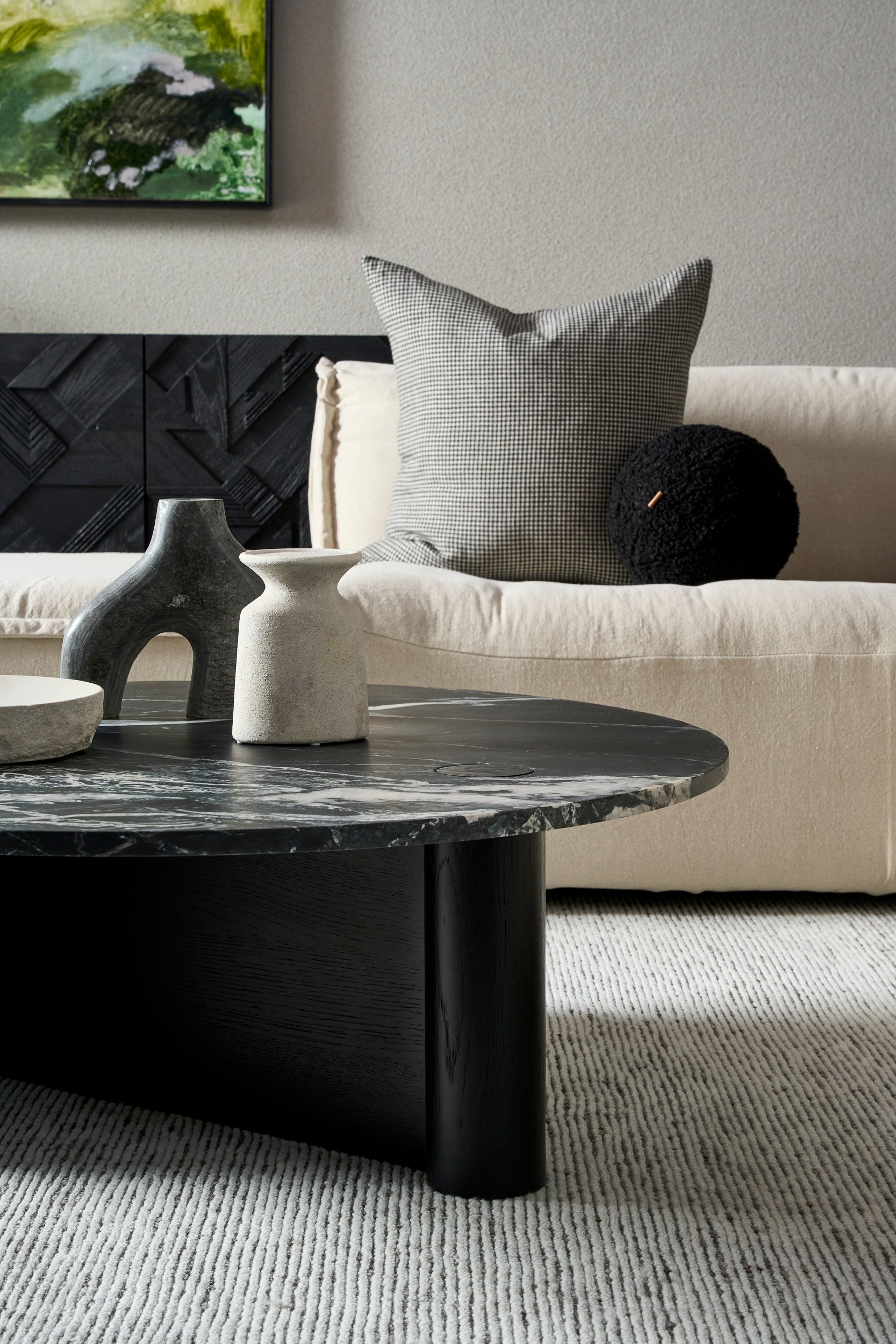 Pivot Round Marble Coffee Table - Light Oak - Bianco Carrara Marble - Floor Stock