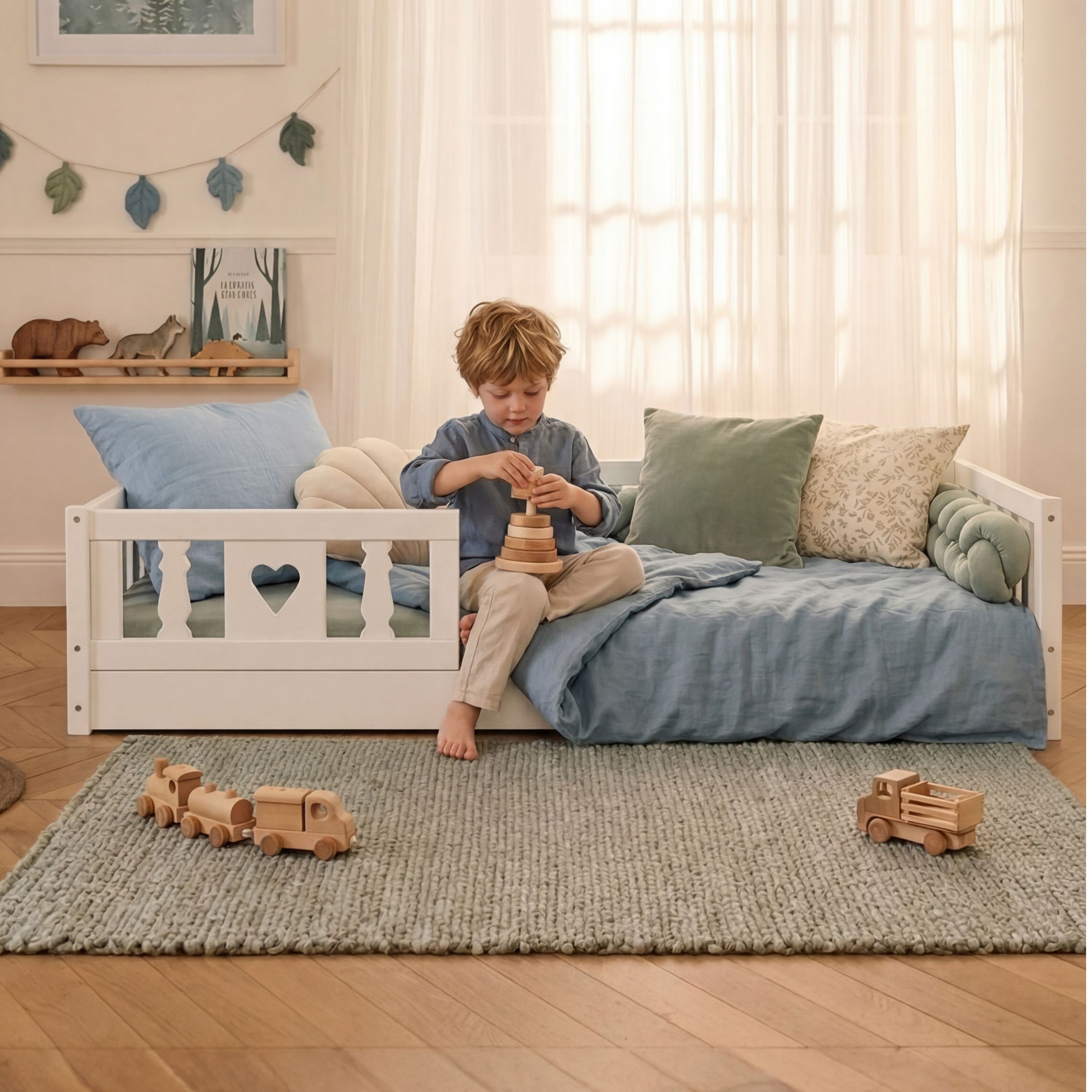 Lit Montessori Barcelone par Cabania, couleur blanc avec barrière coeur.
