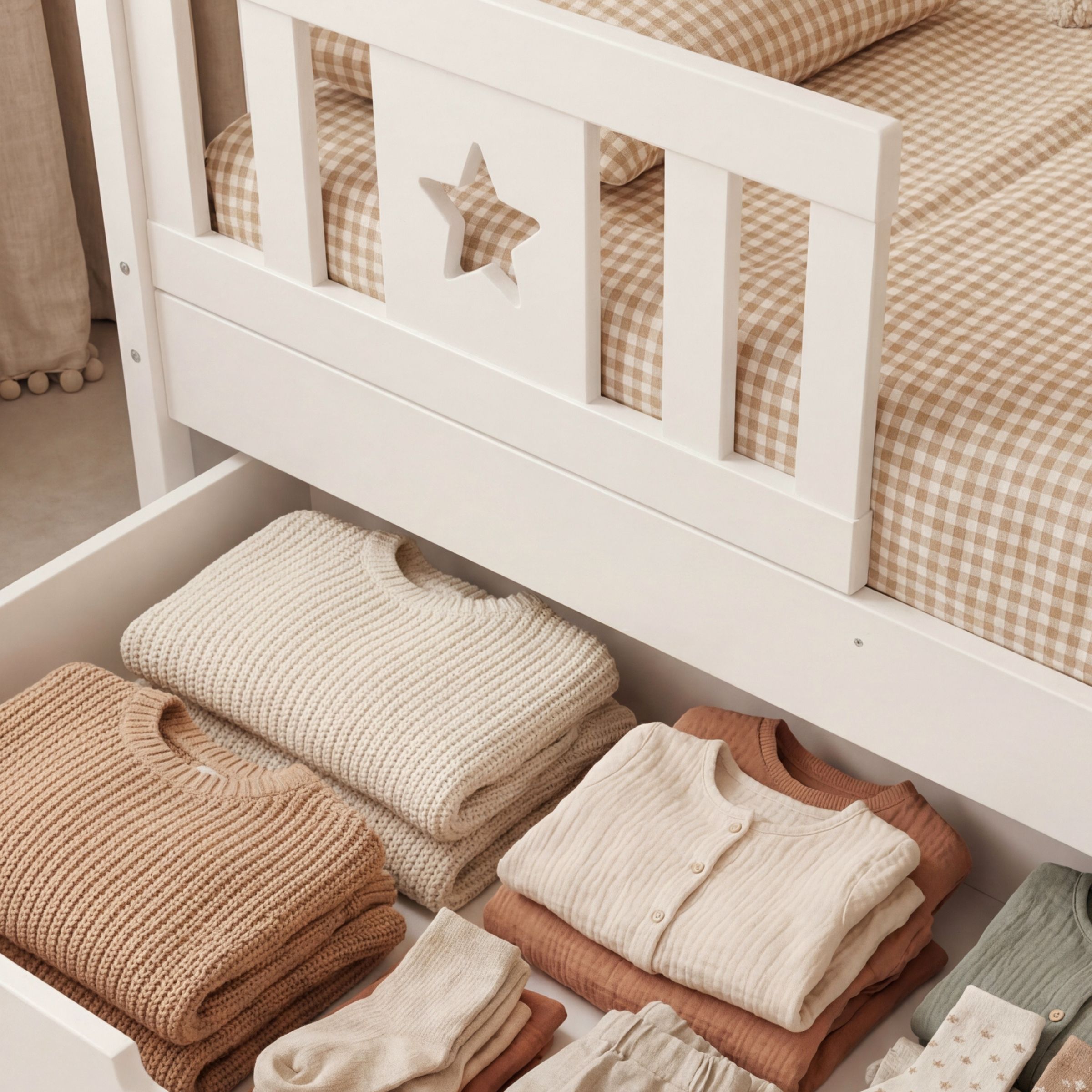 Lit Montessori Barcelone réhaussé avec barrière étoile et tiroir de rangement.
