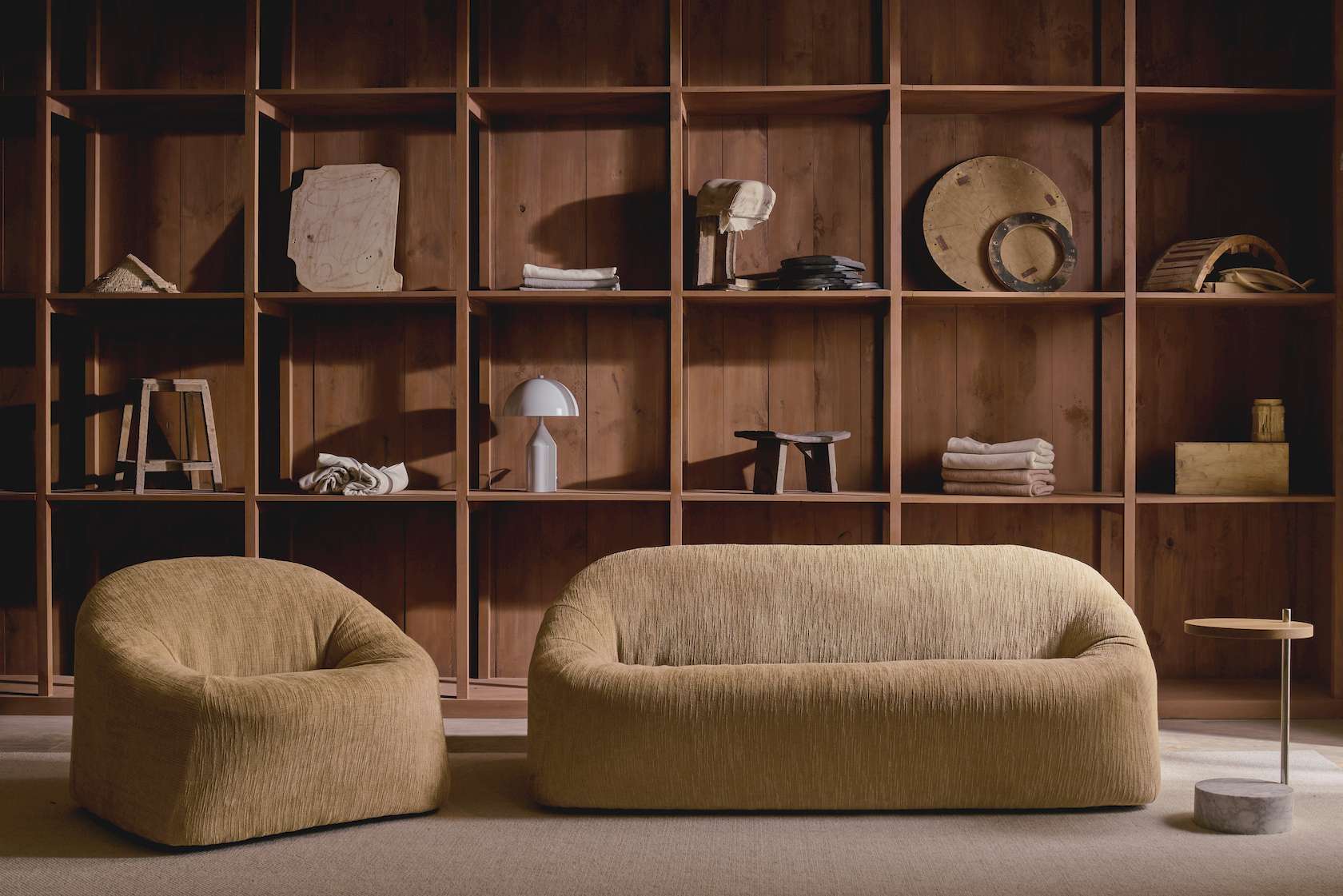 Society Side Table - Walnut/Brass - Travertine - Floor Stock