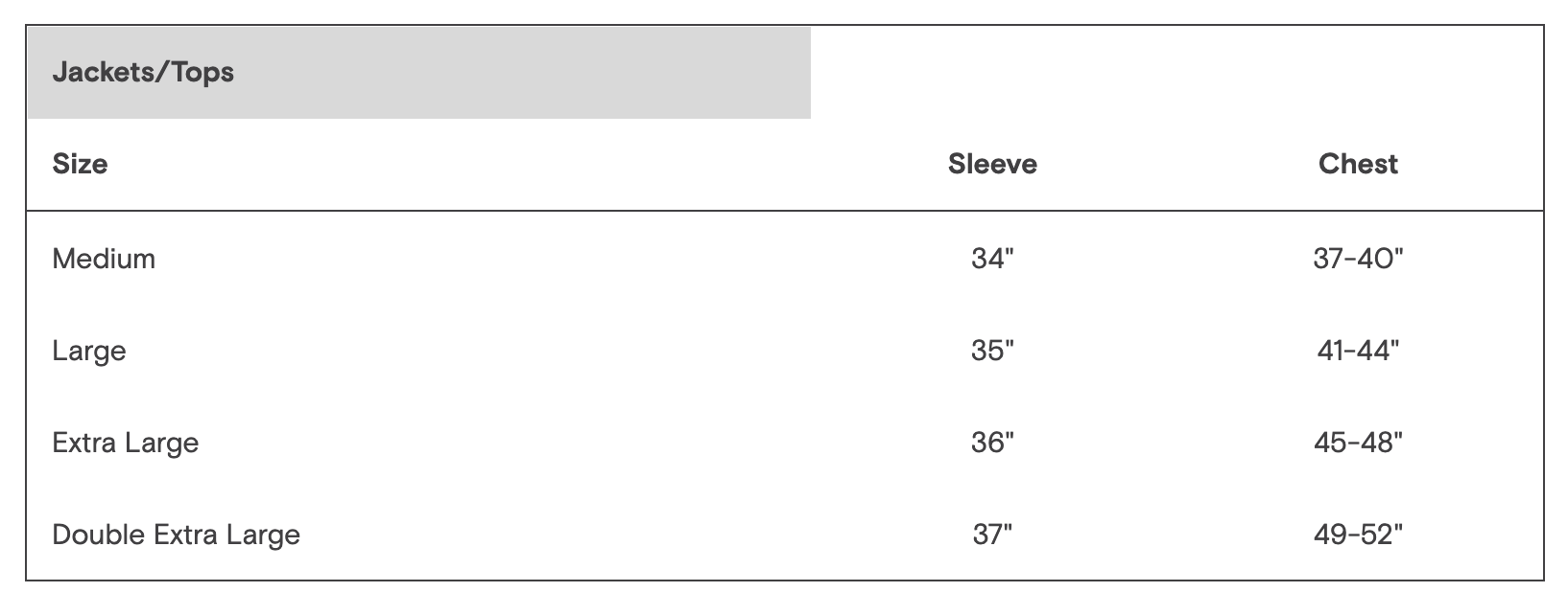 Size chart