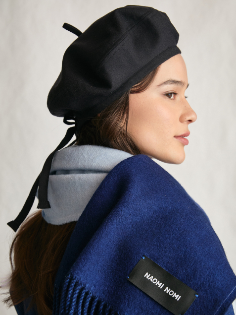 The Beret (Black Enamel Merino Wool & Green Silk Twill)