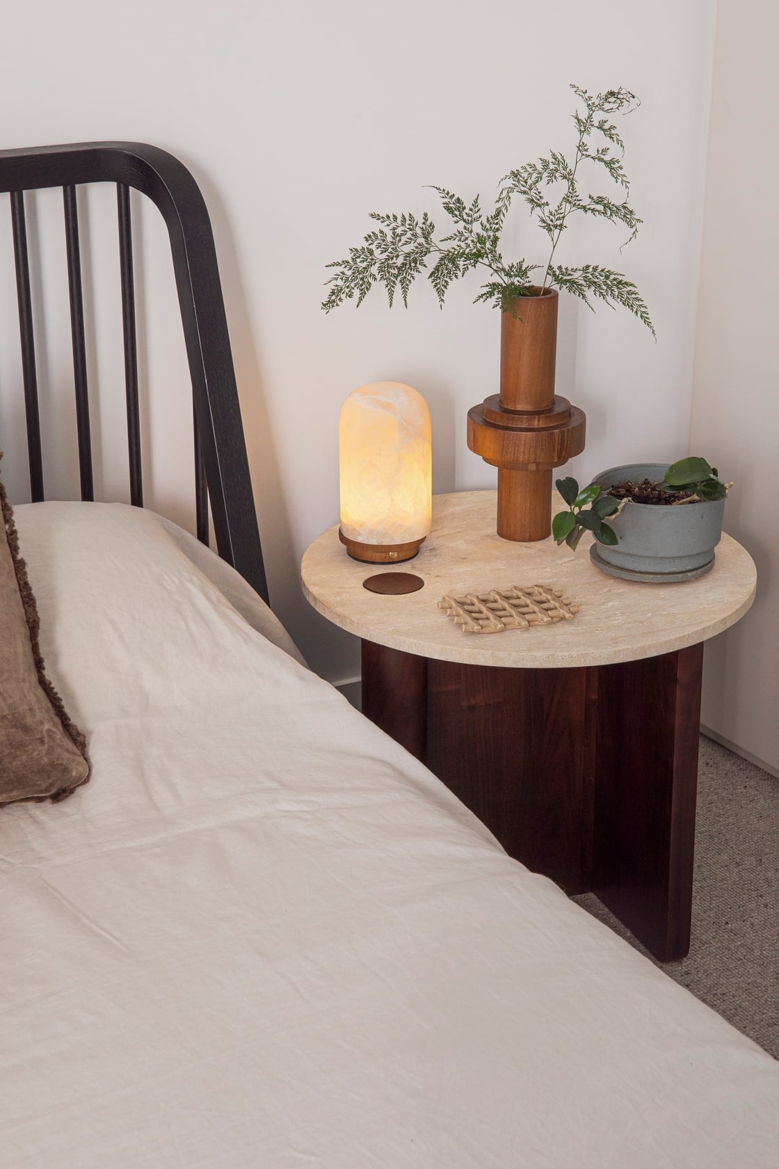 Pivot Round Travertine Side Table - Light Oak/Travertine - Floor Stock