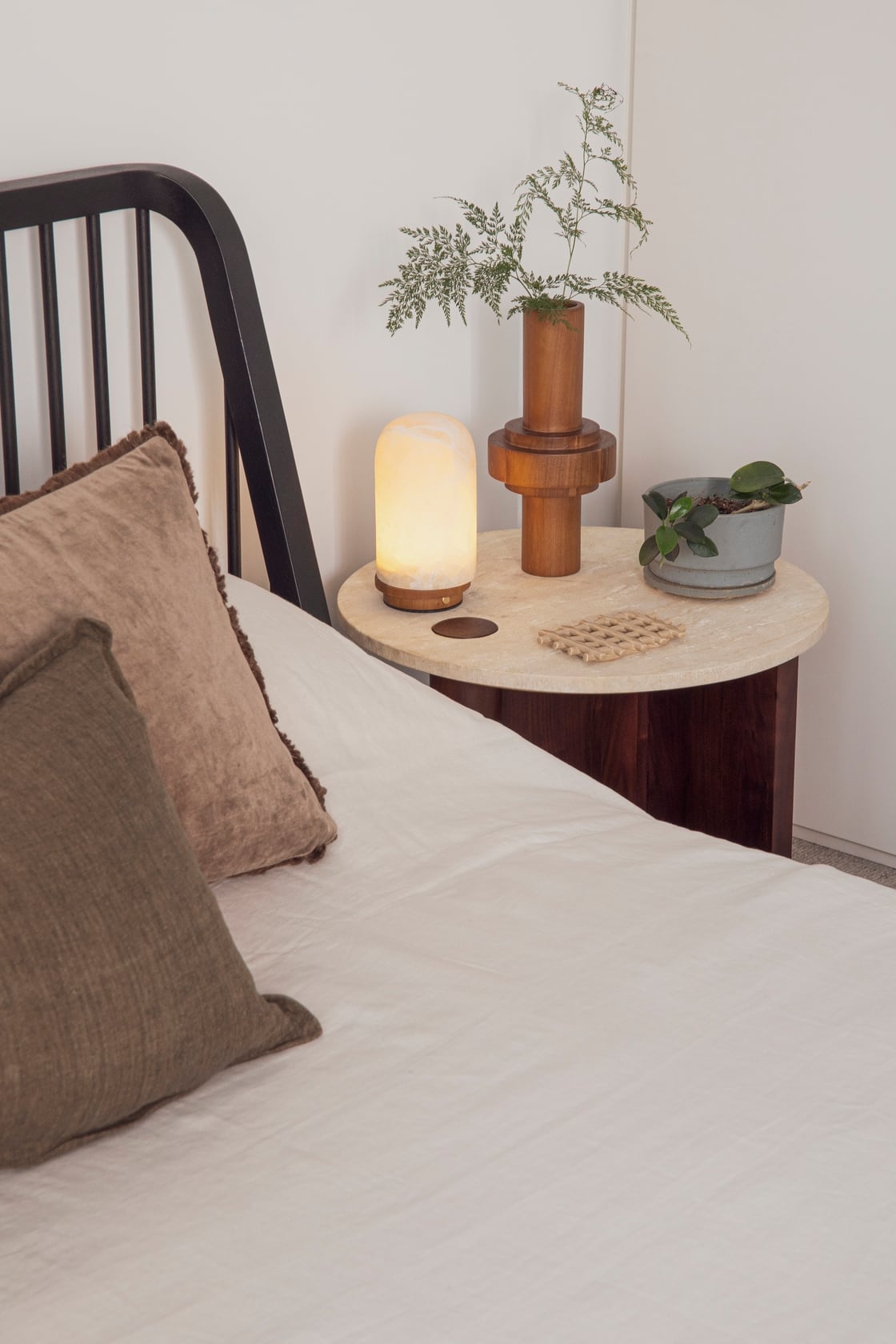 Pivot Round Travertine Side Table - Light Oak/Travertine - Floor Stock
