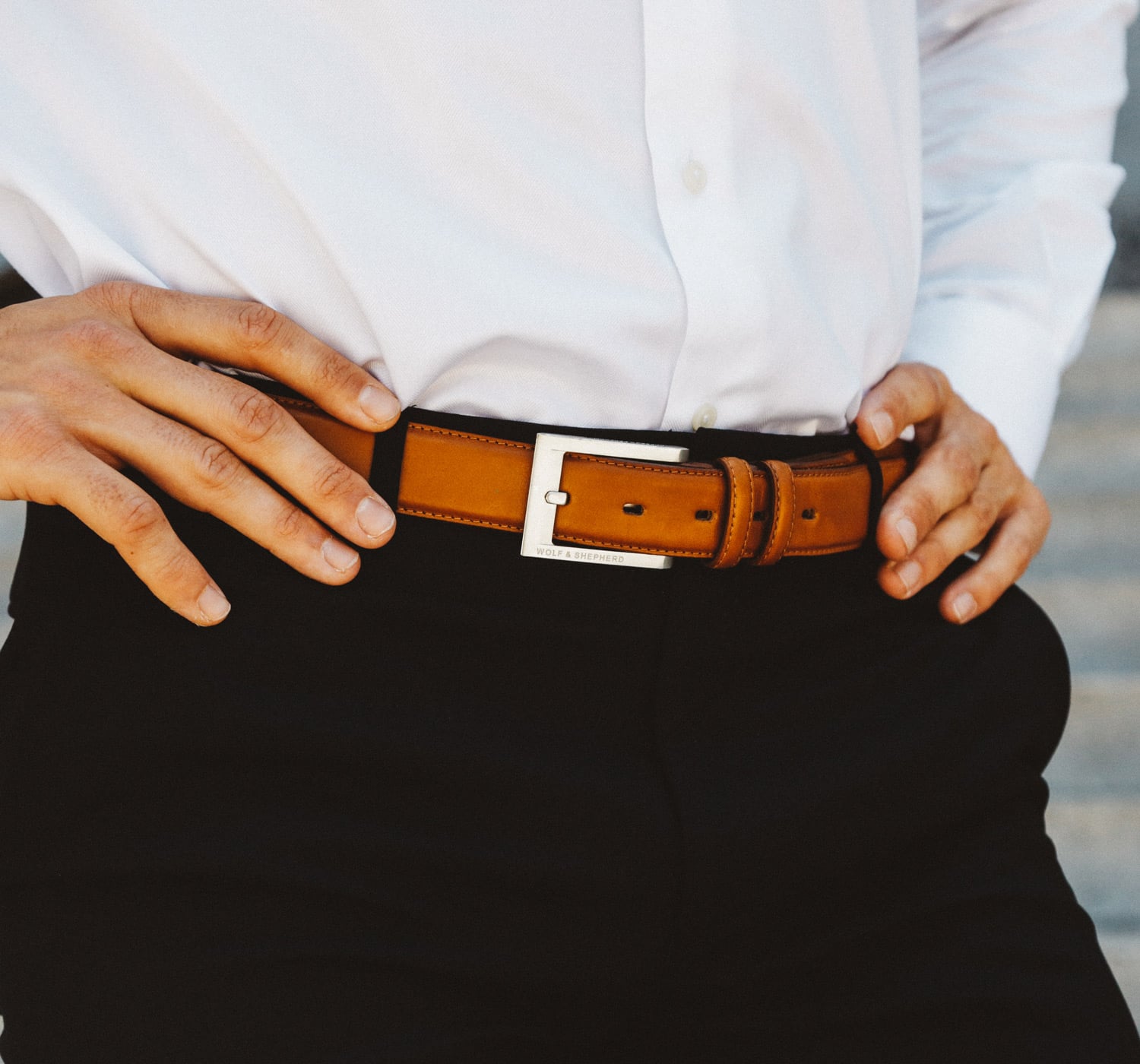 Waist view of man wearing Sealth Belt in Honey with hands on his waist