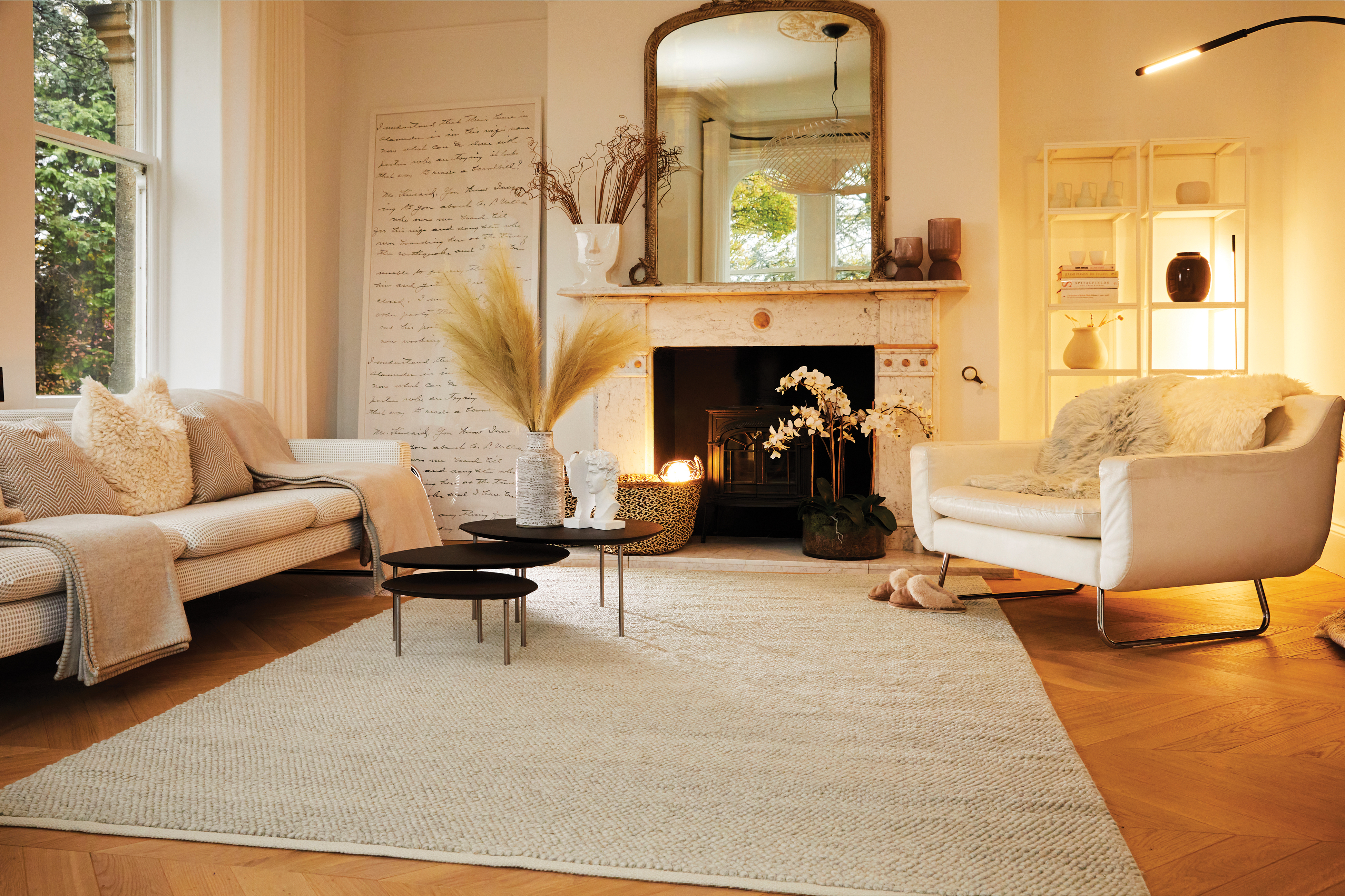A large living room with a cream area rug on the floor