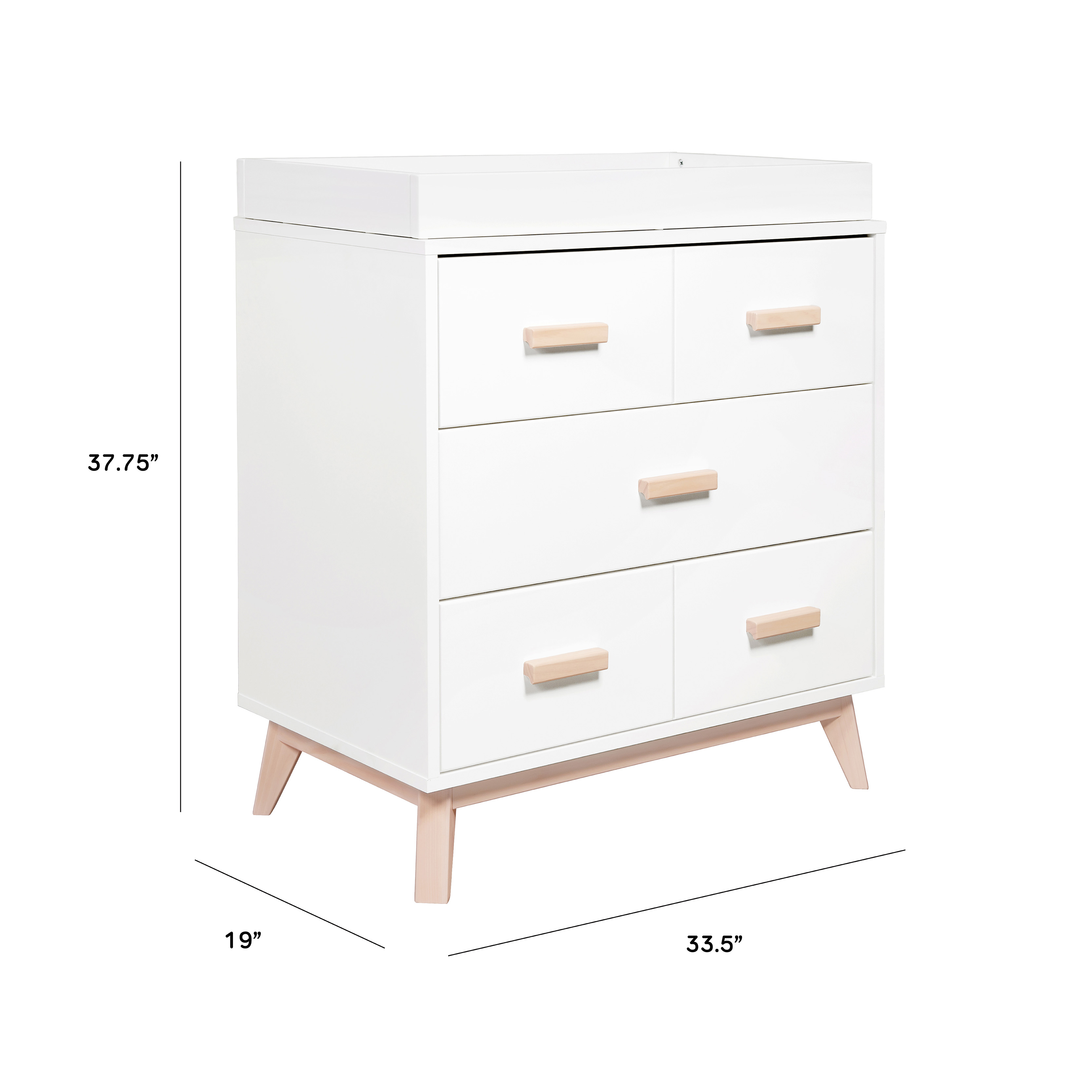 Greenguard Gold Certified Babyletto Scoot 3-Drawer Changer Dresser with Removable Changing Tray in White and Natural Walnut 