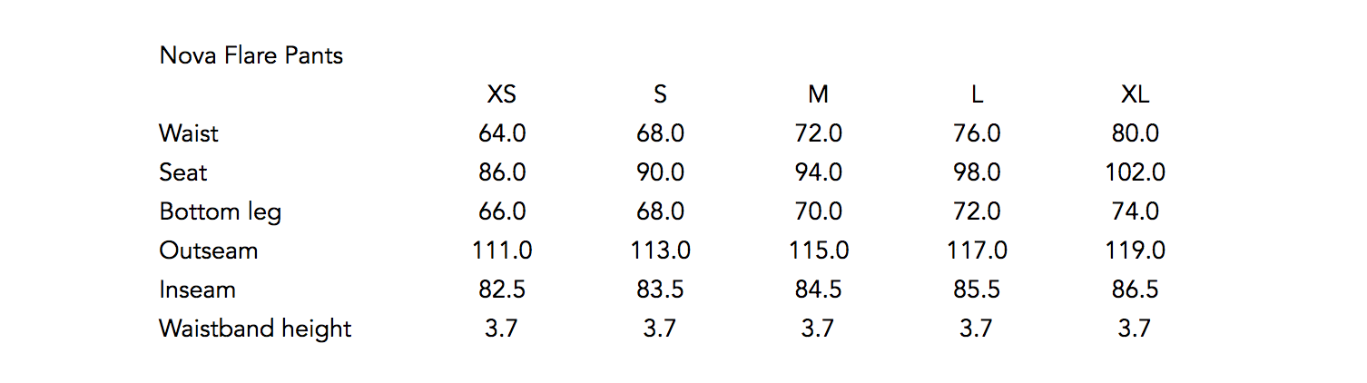 Nova Flare Pants Size Guide