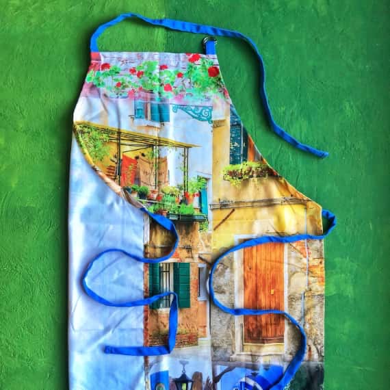 Printed Aprons - Colourful design with blue straps