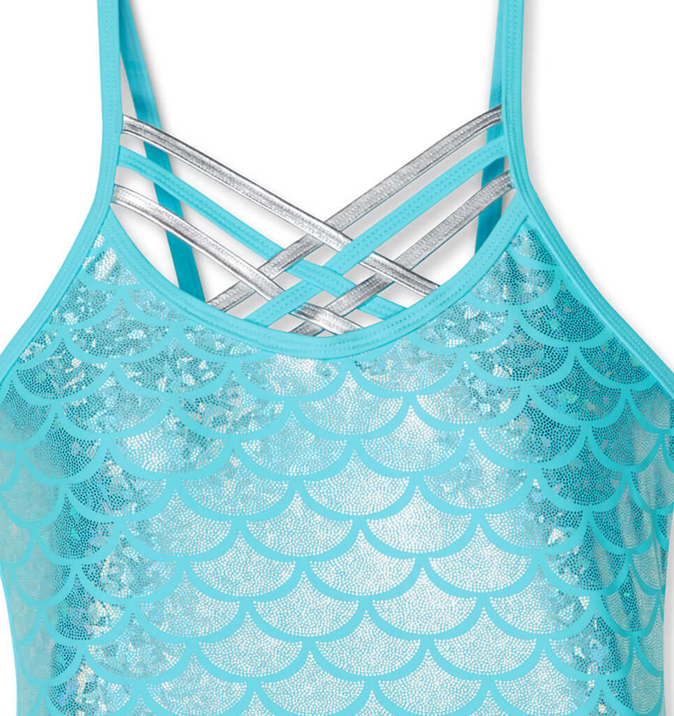 Little Girls' 2-Piece Shiny Seashell Criss Cross Tankini and Short Swim Set