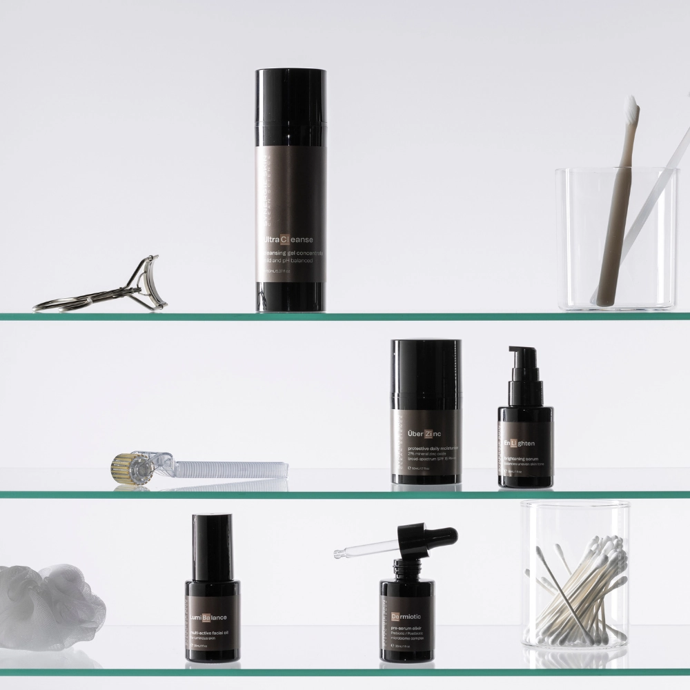 Synergie Skin products on shelf in bathroom