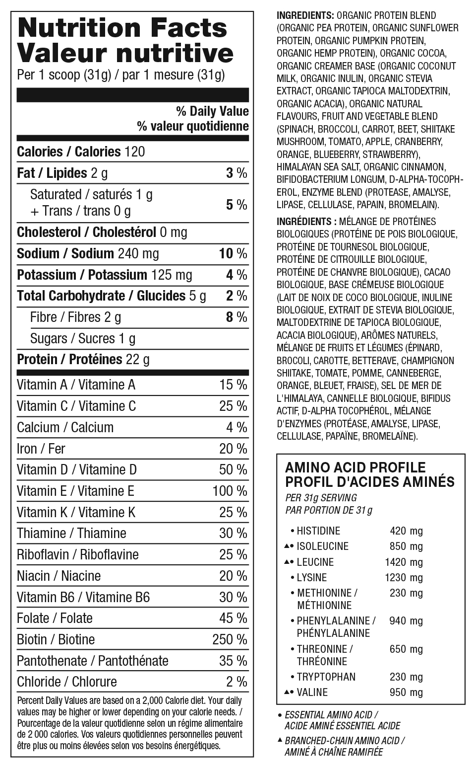 Organic Plant Protein Superfood Smoothie Nutrition Facts