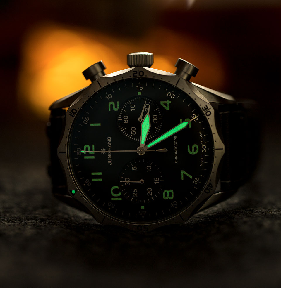Meister Pilot Chronoscope Green lume on hands on dial