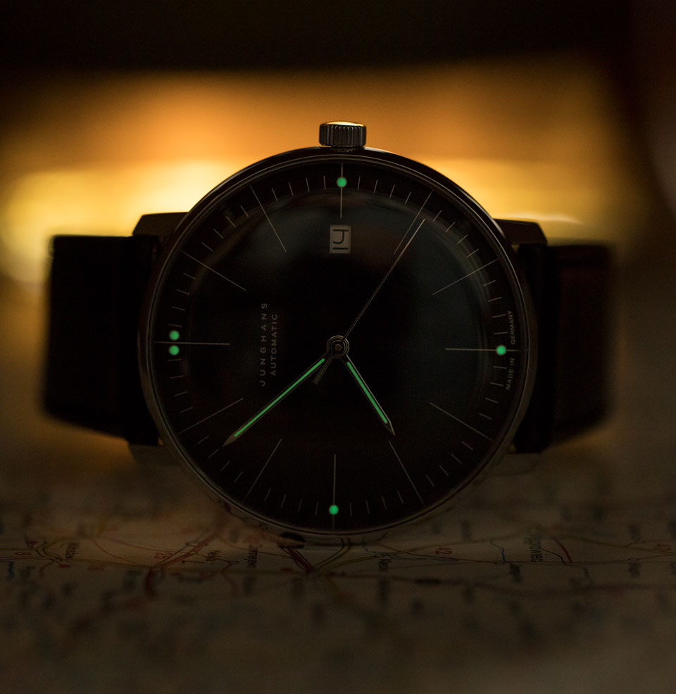 Max Bill Automatic Green lume on the dial and hands