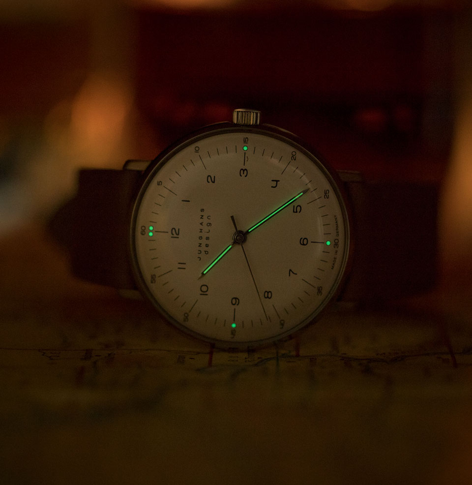 Max Bill Hand-winding Bright Green lume on dial and hands