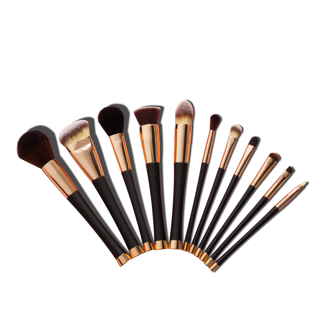 ARIA the best makeup brush set by Fancii and CO all 11 brushes in black velvet with rose gold