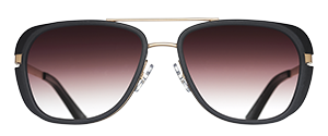 Matsuda M3023 is a combination aviator sunglass with gold metal eyewire front and matte black acetate insert with brown gradient lenses
