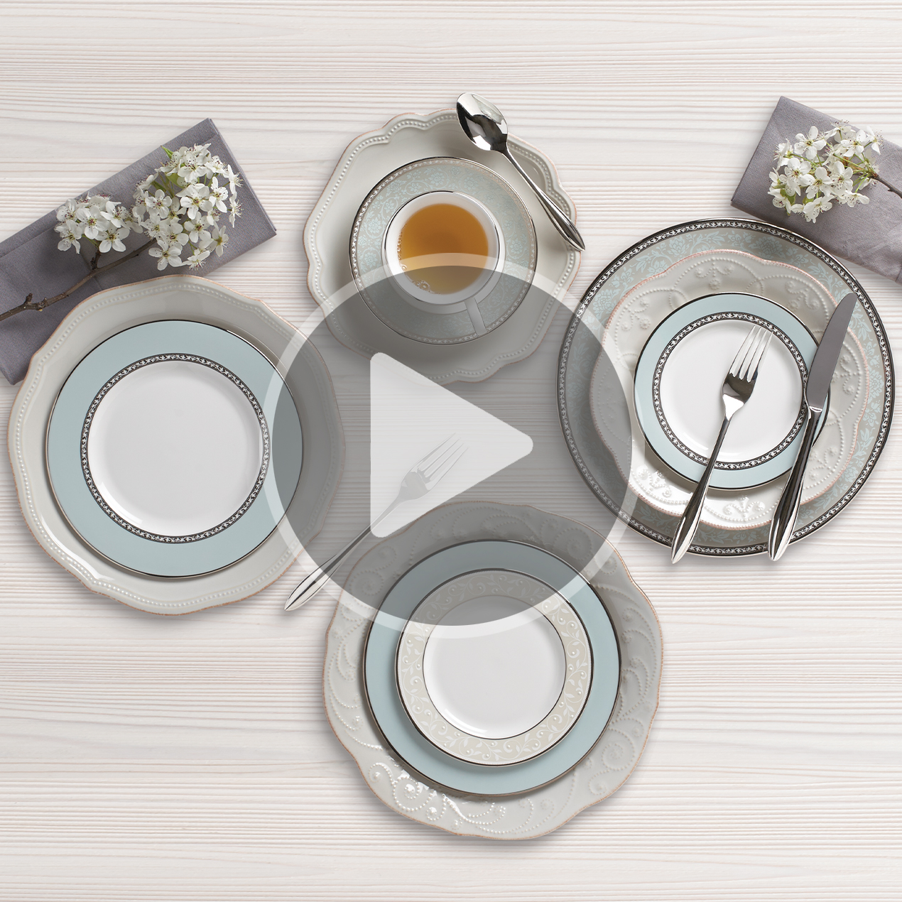 Set Stoviglie Lenox French Perle 12 Pezzi, Gres Blu Ghiaccio, Servizio Per 4, Lavabile In Microonde E Lavastoviglie
