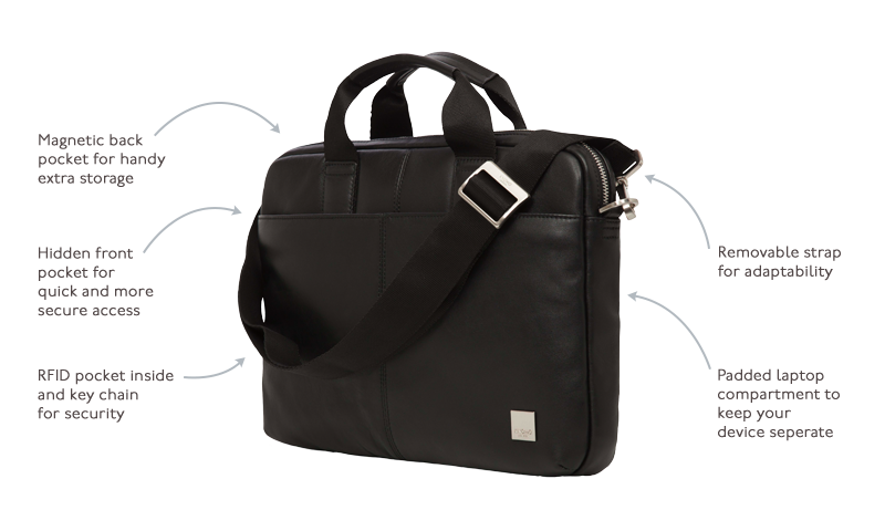 KNOMO Stanford Leather Laptop Briefcase - 13" Product Features Annotated Image | knomo.com