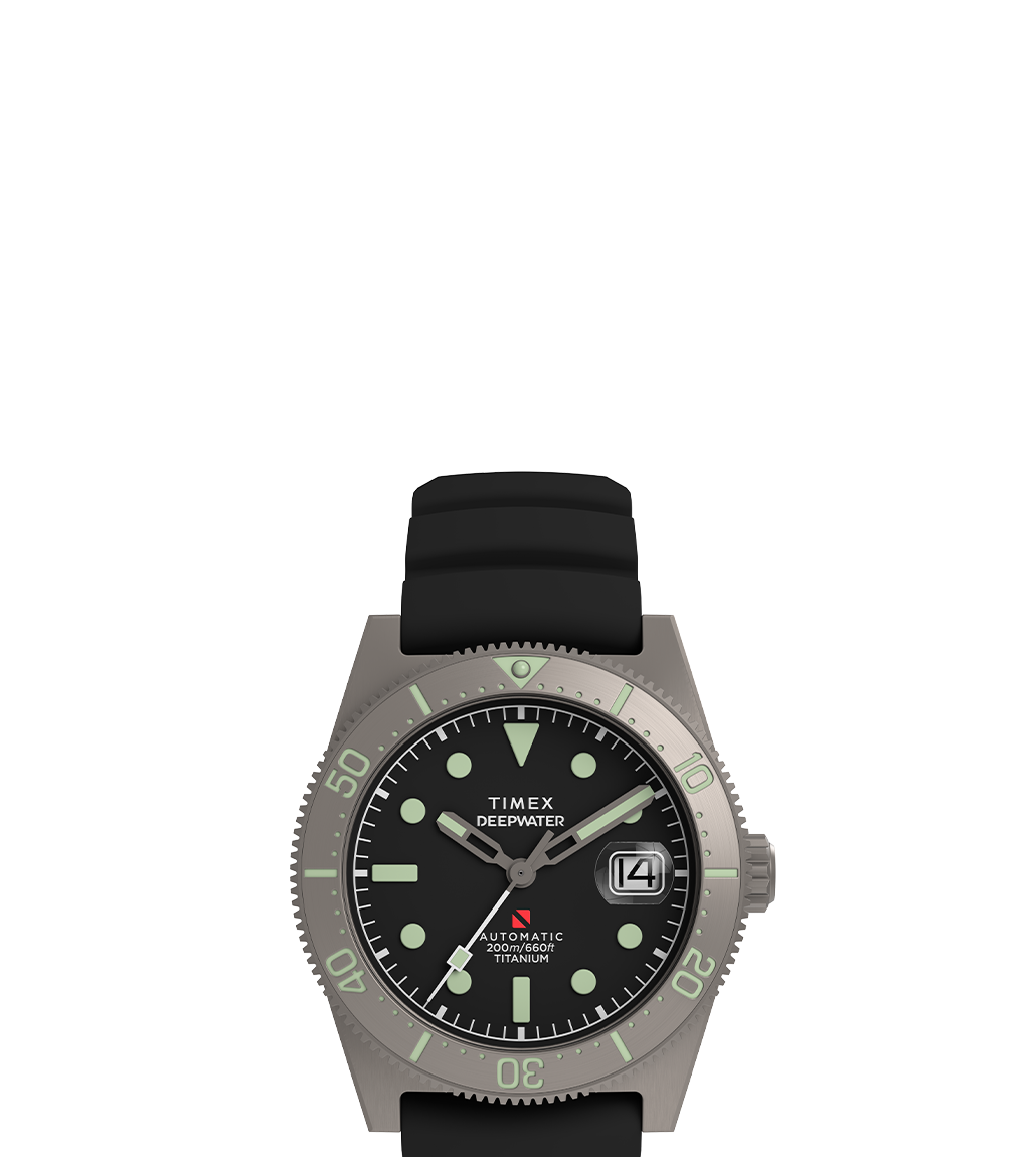 Isolated front view of the Timex Deepwater 200m Titanium Automatic watch on a white background. The design features a matte titanium case, black dial with luminescent markers, rotating bezel, and date magnifier at 3 o'clock.