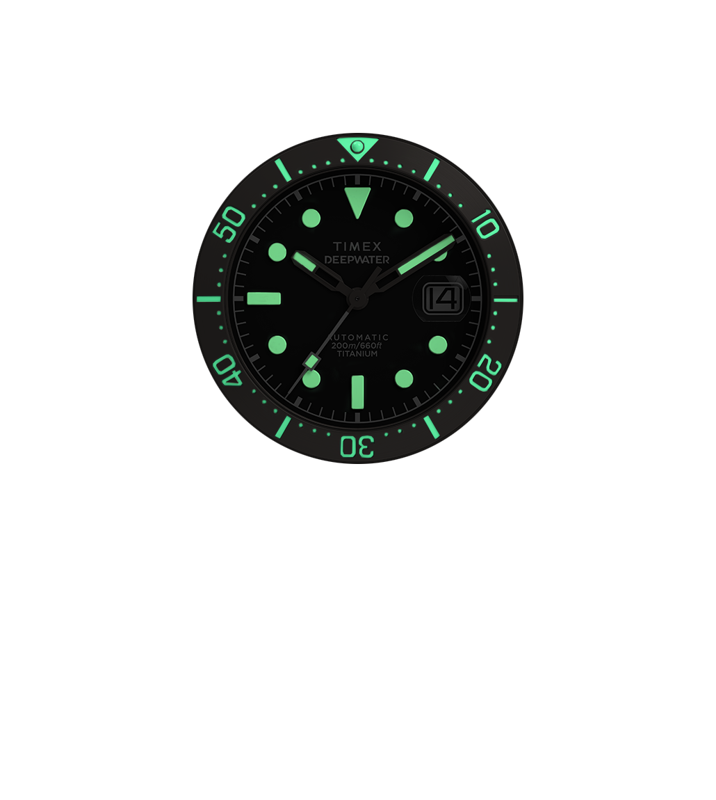 Isolated view of the Timex Deepwater watch in complete darkness. The dial, bezel numerals, and hands emit a vivid green luminescence, showcasing its high-visibility glow for underwater readability.