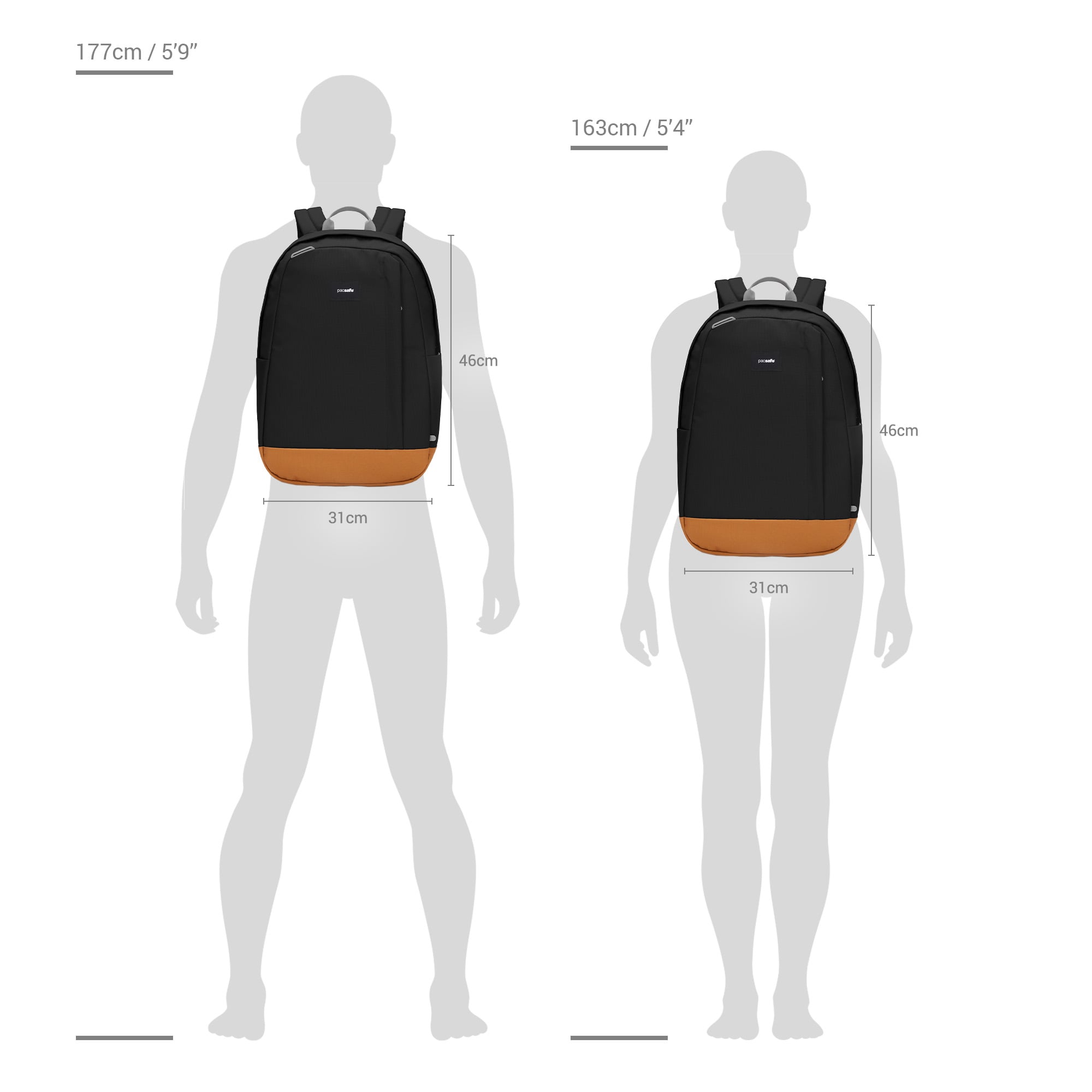 Size chart for Pacsafe® GO 25L anti-theft backpack