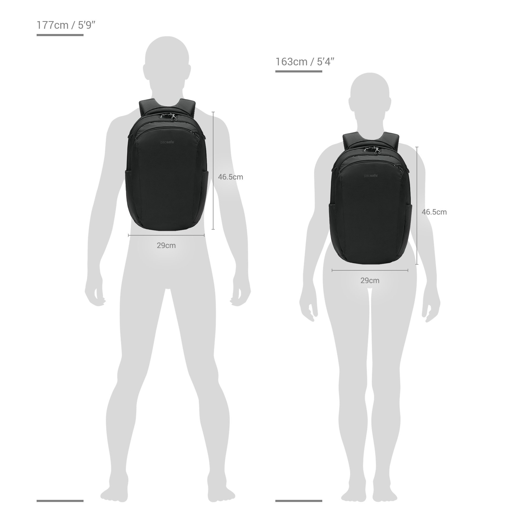 Size chart for Pacsafe® V 26L anti-theft tour backpack