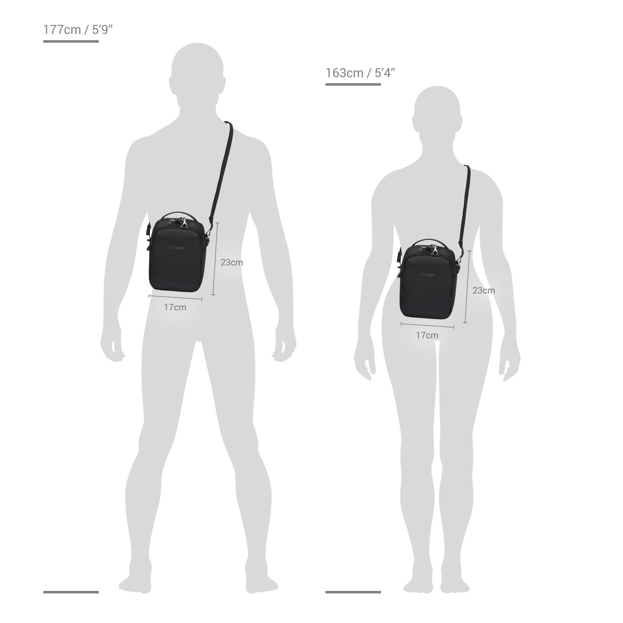 Size chart for Pacsafe® V anti-theft companion crossbody