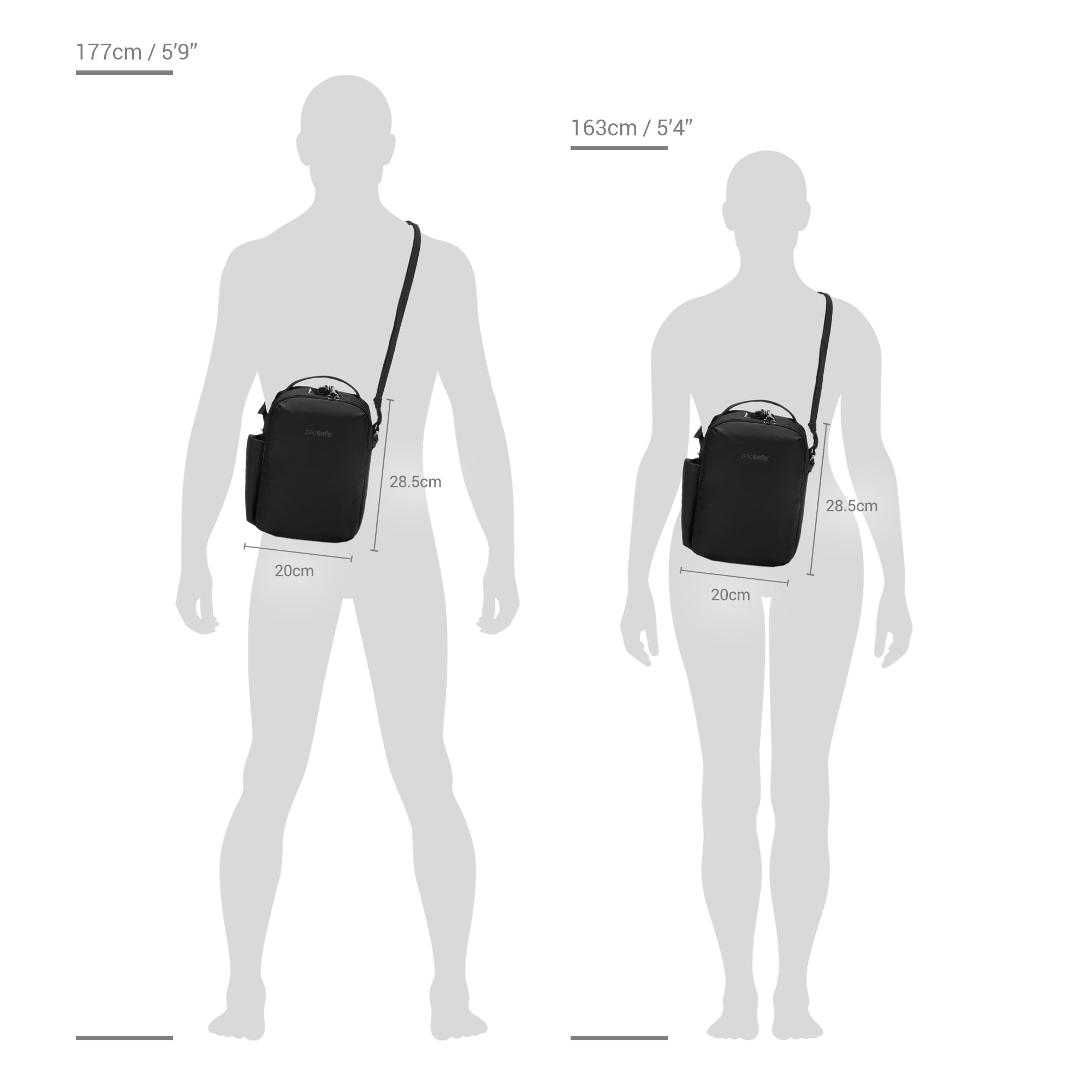Size chart for Pacsafe® V anti-theft tour crossbody
