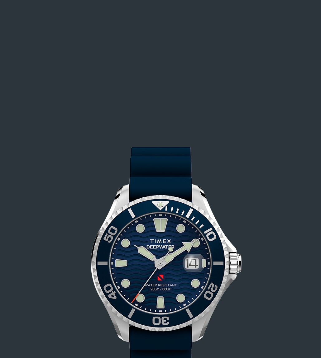 Front view of the Timex Deepwater Meridian 200 watch, showcasing its blue wave-patterned dial, large luminescent hour markers and hands, and a rotating bezel with minute markers.