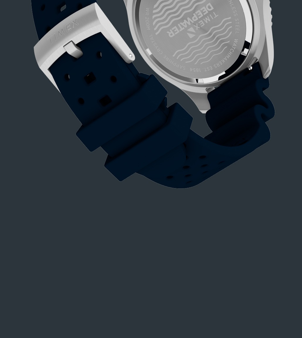 Rear view of the Timex Deepwater Meridian 200 watch, focusing on the blue silicone strap with a stainless steel buckle and the engraved case back.