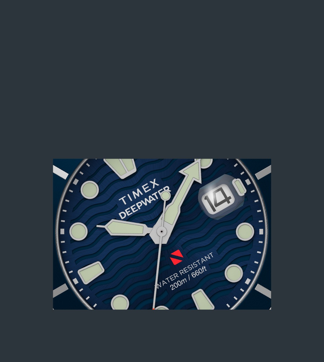 Angled close-up of the dial displaying the Timex branding, luminescent hands and indices, red dive flag, and the magnified date window showing “14”.