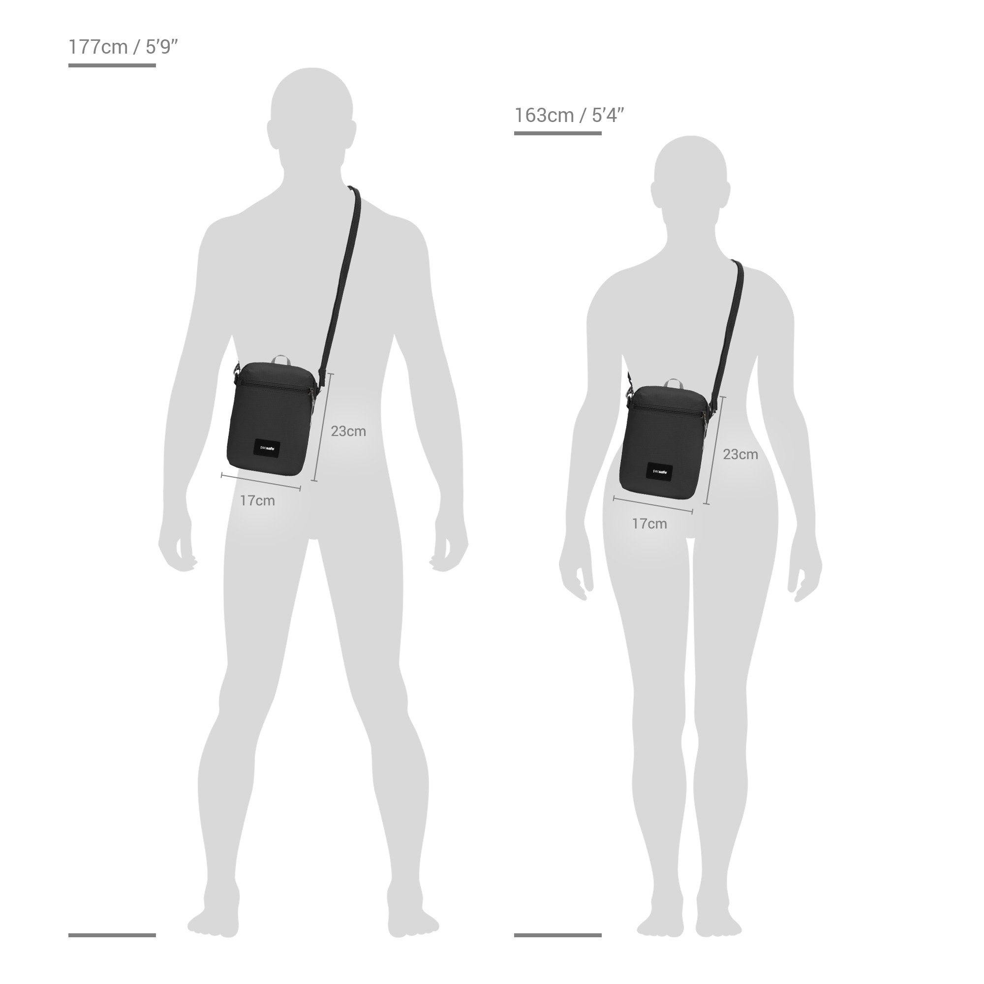 Size chart for Pacsafe® GO anti-theft festival crossbody