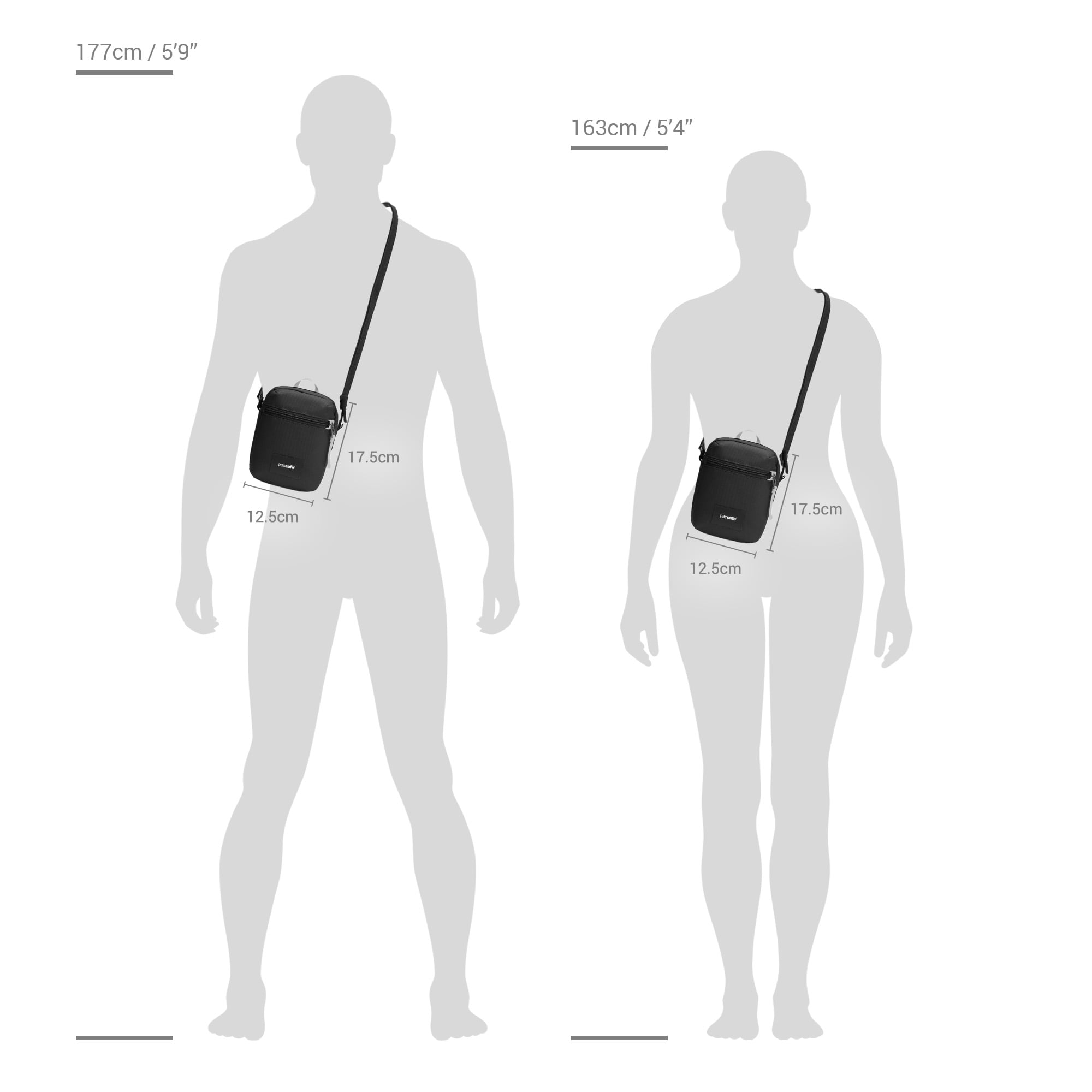 Size chart for Pacsafe® GO anti-theft micro crossbody