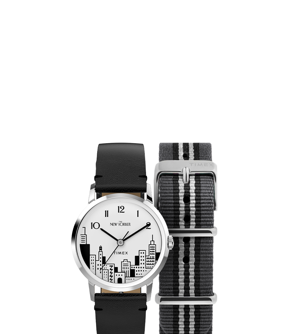 A product image displaying the Timex x The New Yorker Marlin® Hand-Wound watch alongside an additional gray-and-black striped strap. The minimalist layout emphasizes the watch’s urban-inspired dial and interchangeable design.