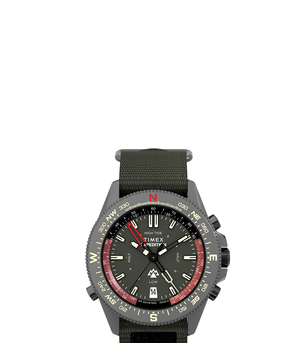 Front view of the Timex Expedition Tide-Temp-Compass watch with a matte black case, olive green dial, red and white markers, and compass bezel, paired with a durable green fabric strap.