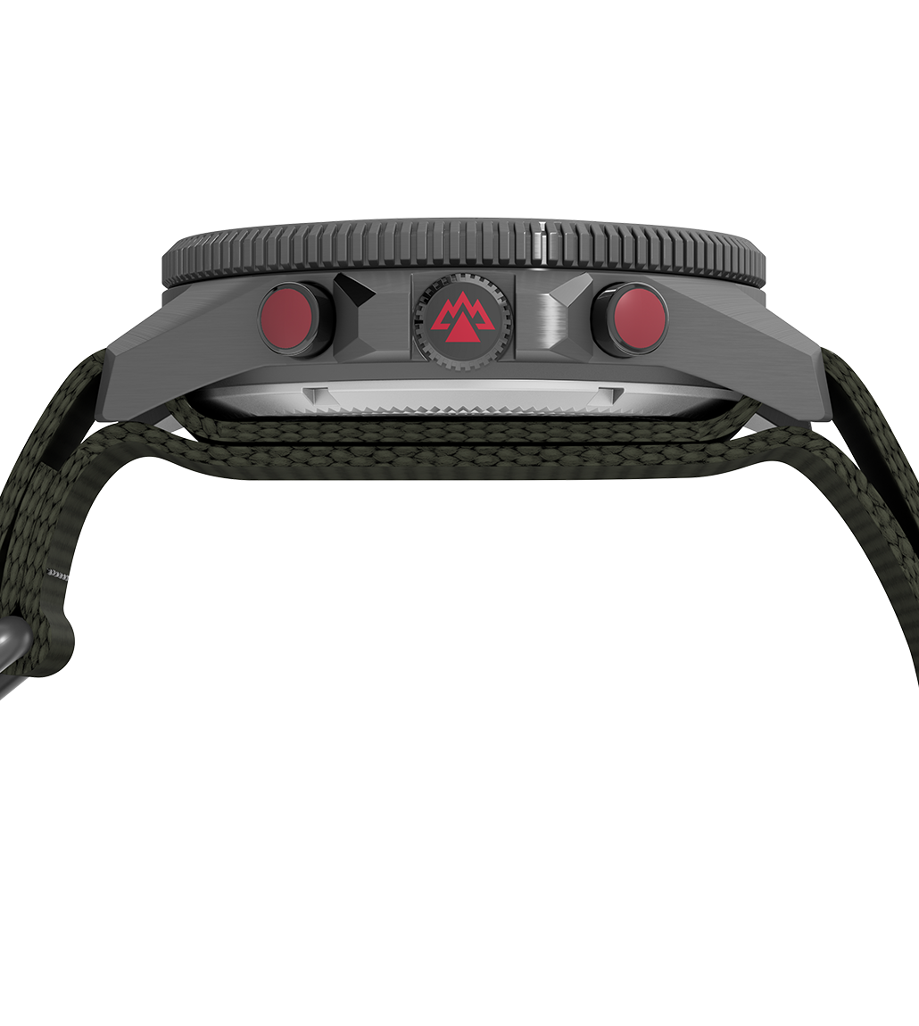 Side profile of the Timex Expedition Tide-Temp-Compass watch showing the rugged case, textured rotating bezel, and red-accented pushers, along with a mountain logo engraved on the crown.