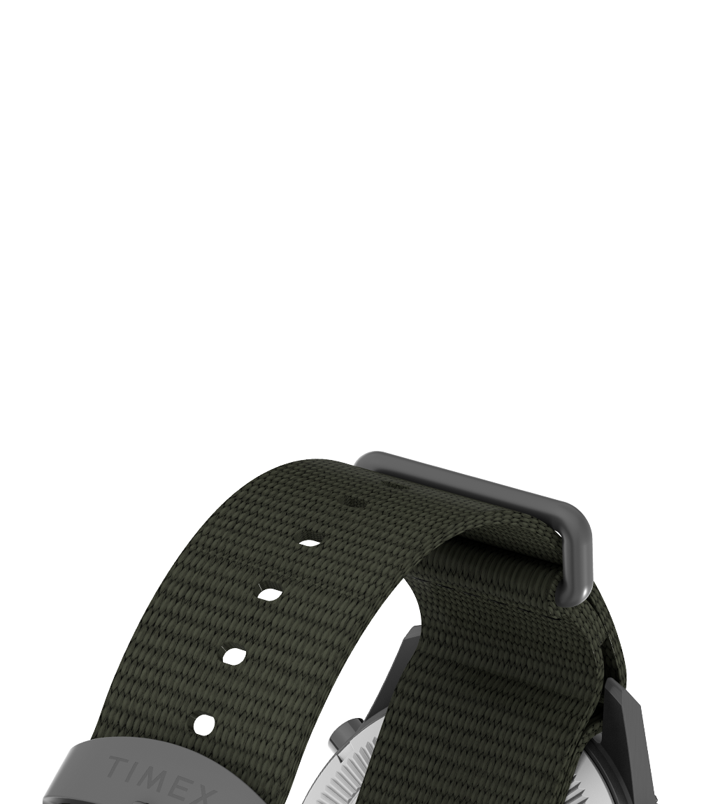 Close-up of the green woven fabric strap and matte gray buckle of the Timex Expedition Tide-Temp-Compass watch, highlighting the sturdy build and attention to detail on the strap hardware.