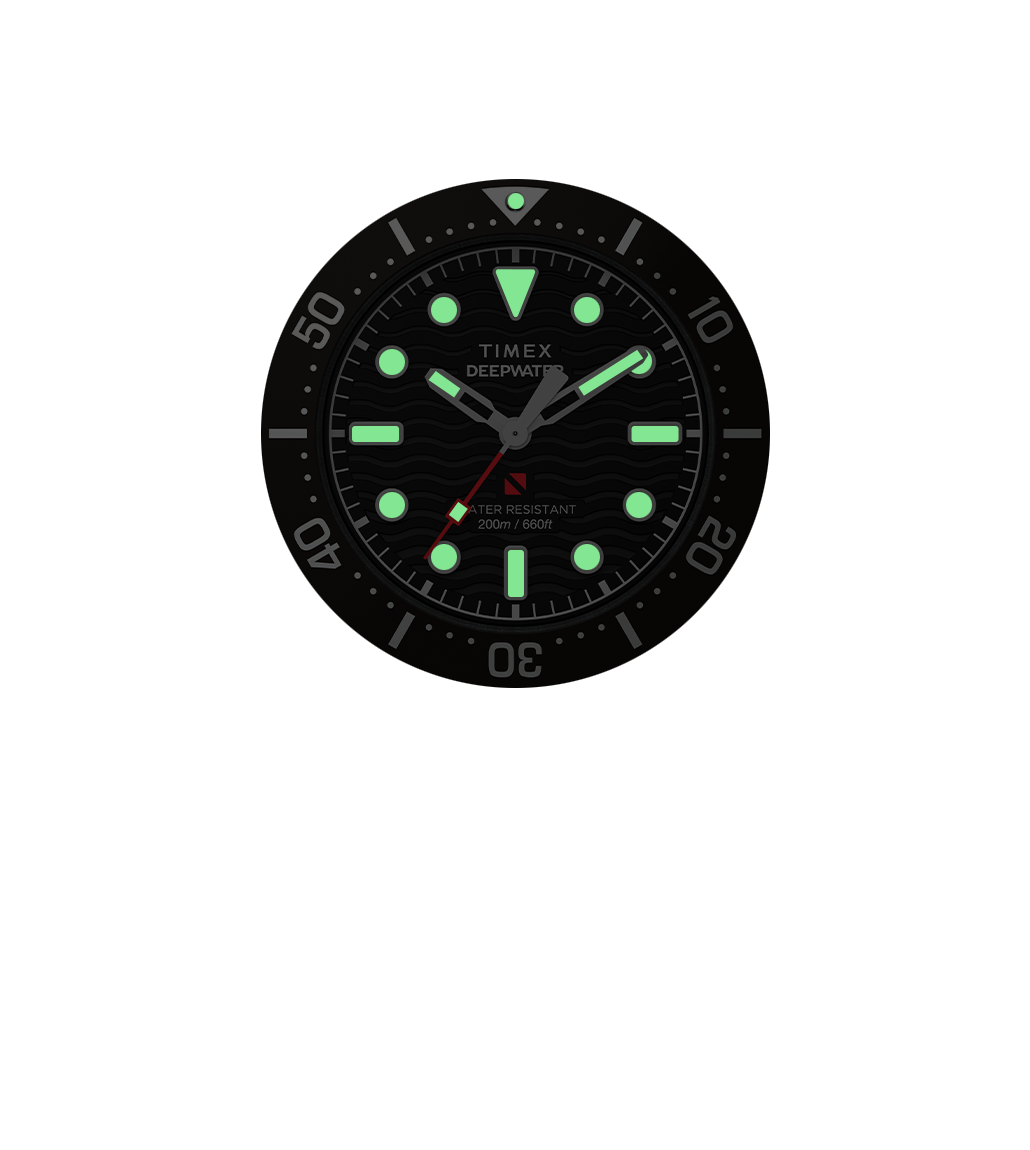 Timex Deepwater 200M dive watch dial in low light, showing luminous hour markers and hands glowing green against a black wavy-textured dial. The unidirectional bezel and red seconds hand are also visible.
