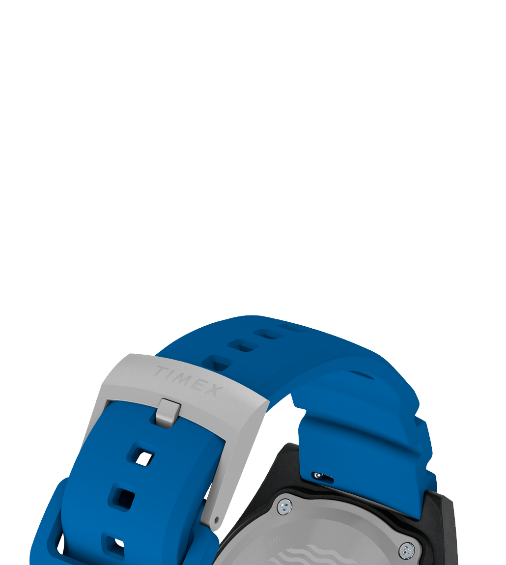 Close-up rear view of the Timex Deepwater 200M dive watch showing the blue silicone strap with stainless steel buckle engraved with the 
