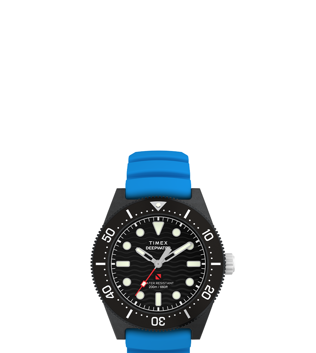 Timex Deepwater 200M dive watch featuring a black rotating bezel, luminous hour markers, textured black dial with white and red accents, and a vibrant blue silicone strap. Clearly displays the 